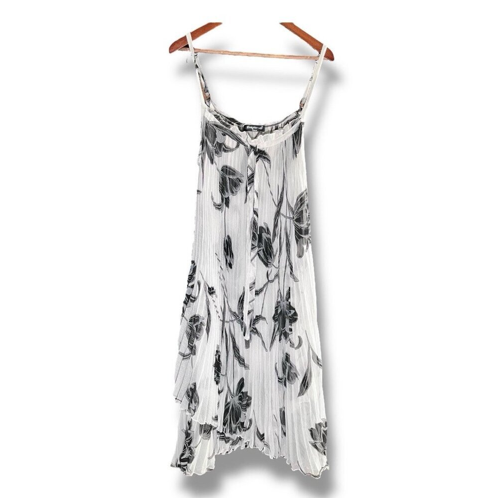 Temptation Italy Pleated Maxi Dress Flowy Asymmetrical Romantic Black & White L